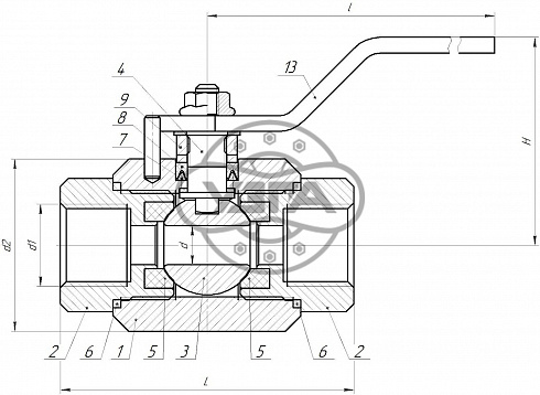 Кран шаровой разборный трехсоставной муфтовый Dn10 Pn160 Ст. 20 11с45п